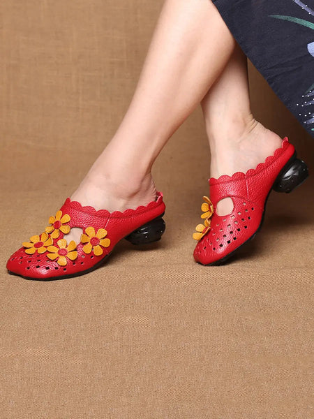 Women Summer Leather Vintage Flower Spliced Slippers Ada Fashion