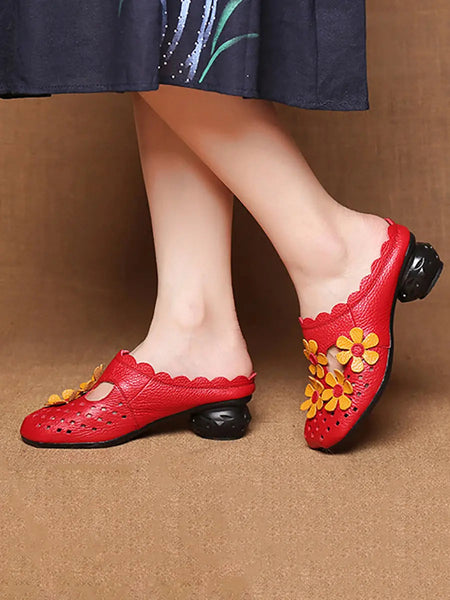 Women Summer Leather Vintage Flower Spliced Slippers Ada Fashion