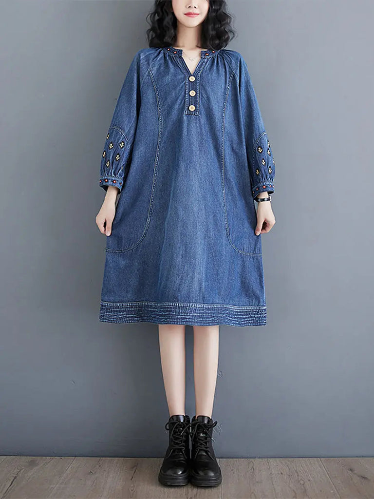 Women Summer Vintage Embroidery Loose Denim Dress Ada Fashion