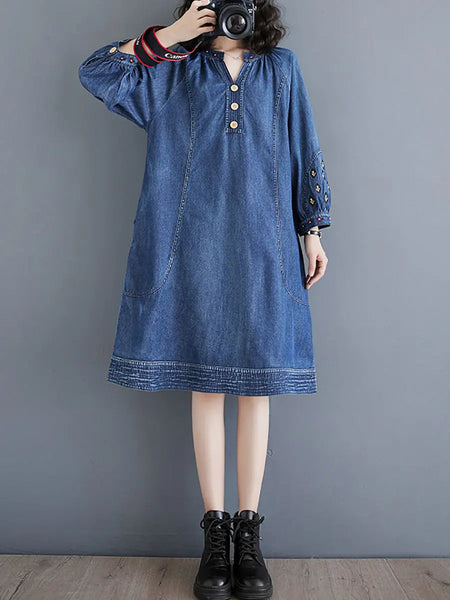Women Summer Vintage Embroidery Loose Denim Dress Ada Fashion