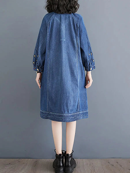 Women Summer Vintage Embroidery Loose Denim Dress Ada Fashion