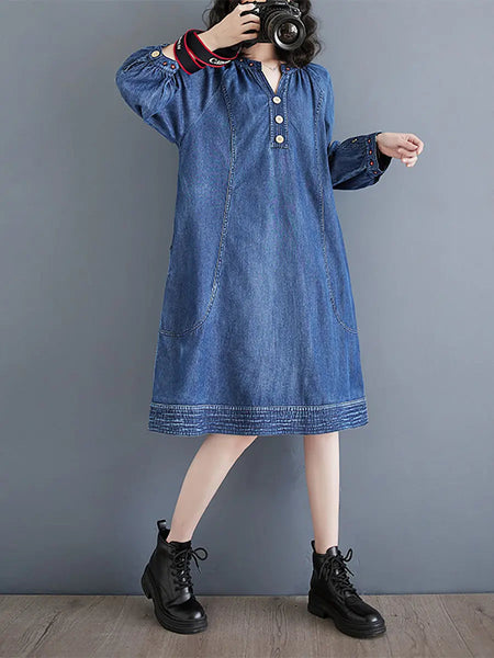 Women Summer Vintage Embroidery Loose Denim Dress Ada Fashion