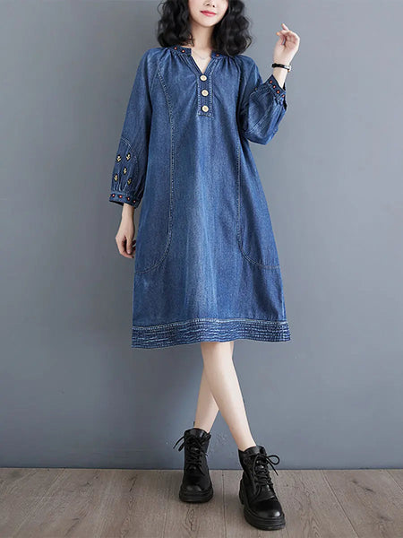 Women Summer Vintage Embroidery Loose Denim Dress Ada Fashion