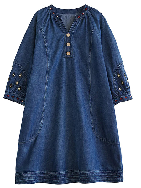 Women Summer Vintage Embroidery Loose Denim Dress Ada Fashion