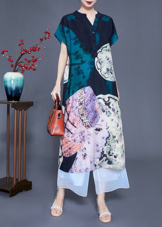 Women V Neck Original Design Print Silk Long Dress Summer LY0932