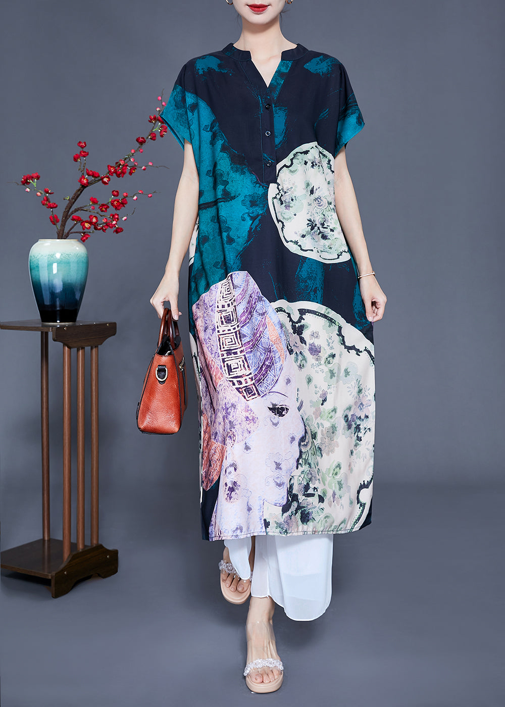 Women V Neck Original Design Print Silk Long Dress Summer LY0932