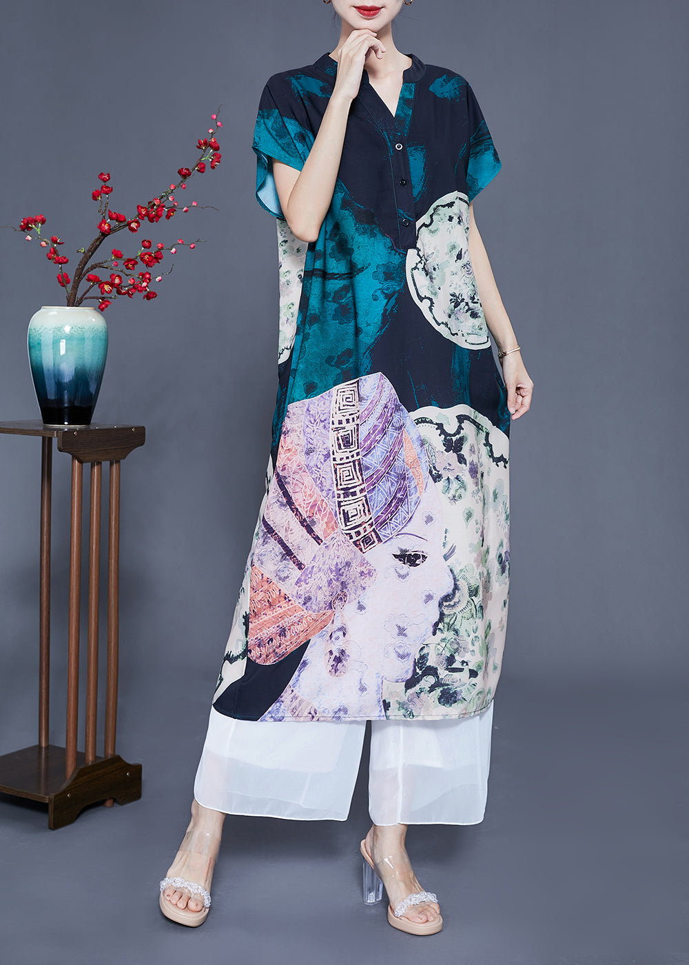 Women V Neck Original Design Print Silk Long Dress Summer LY0932