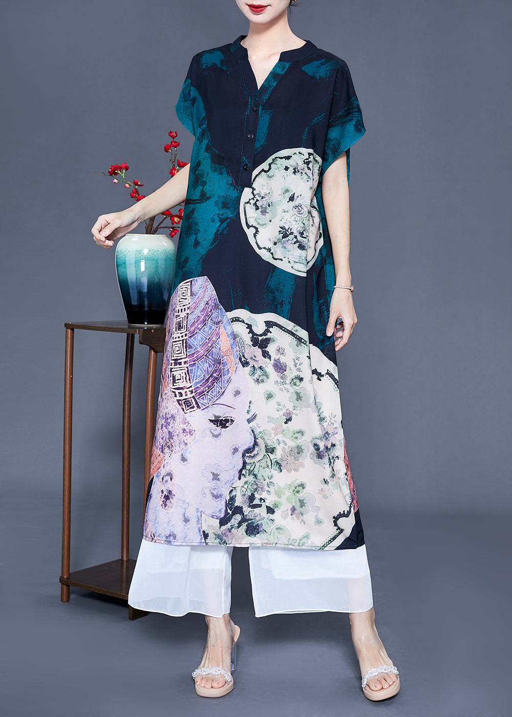 Women V Neck Original Design Print Silk Long Dress Summer LY0932