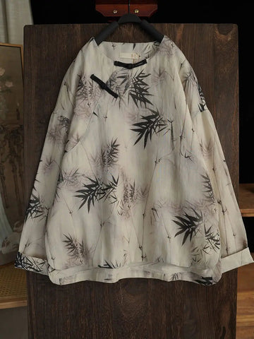 Women Vintage Bamboo Leaf Print Spring Ramie Sweatshirt Ada Fashion