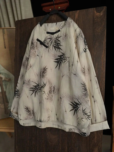 Women Vintage Bamboo Leaf Print Spring Ramie Sweatshirt Ada Fashion