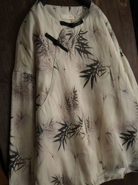 Women Vintage Bamboo Leaf Print Spring Ramie Sweatshirt Ada Fashion