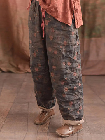 Women Vintage Floral Loose Linen Pants Ada Fashion