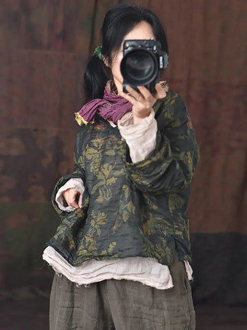 Women Vintage Floral Print V-Neck Ramie Shirt Ada Fashion