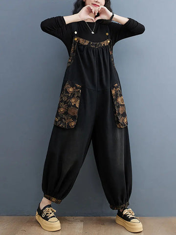 Women Vintage Floral Spliced Winter Denim Jumpsuits Ada Fashion