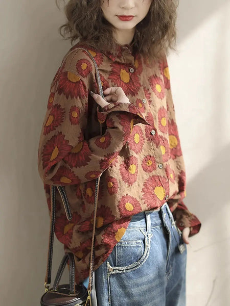 Women Vintage Floral Spring Cotton Loose Shirt Ada Fashion