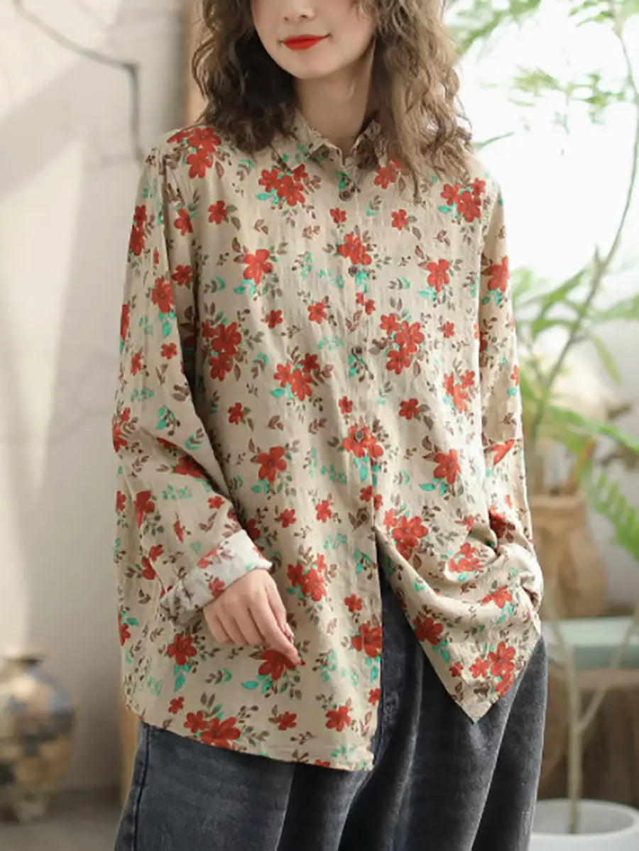 Women Vintage Floral Spring Cotton Loose Shirt Ada Fashion