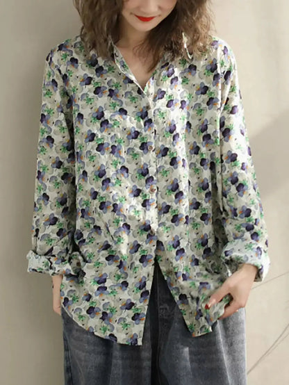 Women Vintage Floral Spring Cotton Loose Shirt Ada Fashion