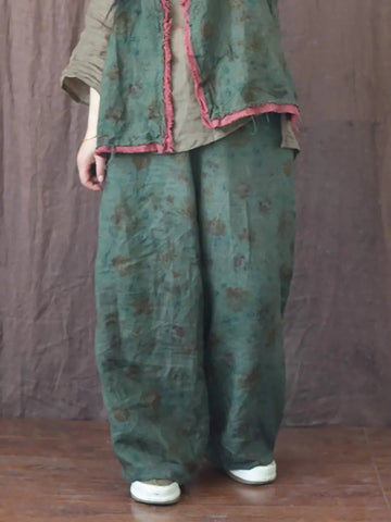 Women Vintage Floral Spring Linen Wide-leg Pants Ada Fashion