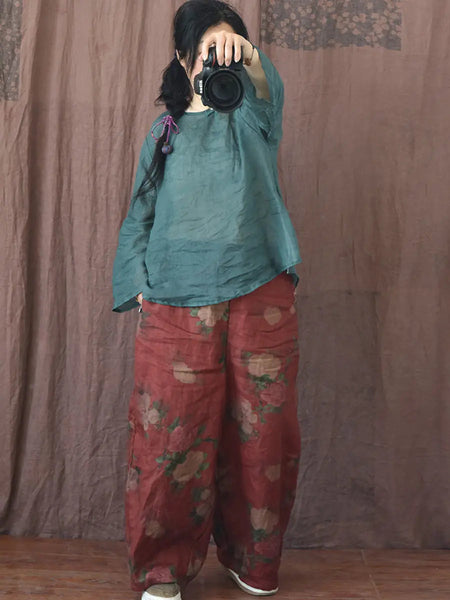 Women Vintage Floral Spring Linen Wide-leg Pants Ada Fashion