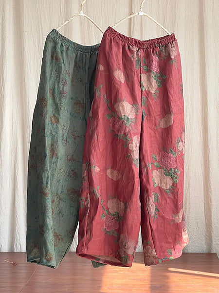 Women Vintage Floral Spring Linen Wide-leg Pants Ada Fashion