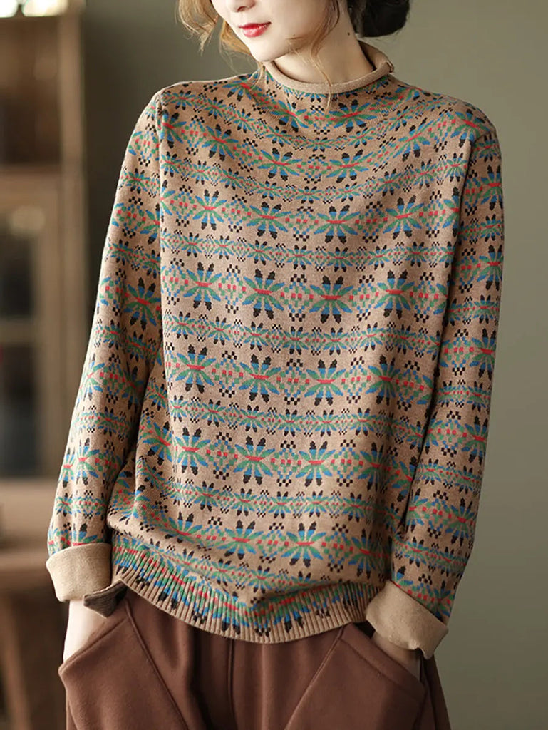 Women Vintage Floral Turtleneck Warm Pullover Sweater Ada Fashion
