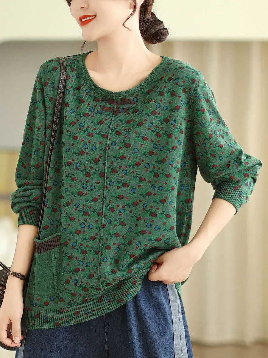 Women Vintage Floral Winter Spliced O-Neck Sweater Ada Fashion