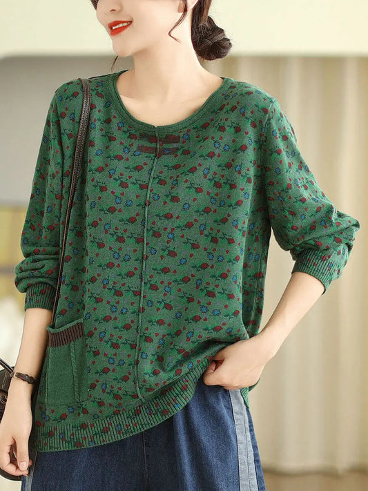 Women Vintage Floral Winter Spliced O-Neck Sweater Ada Fashion