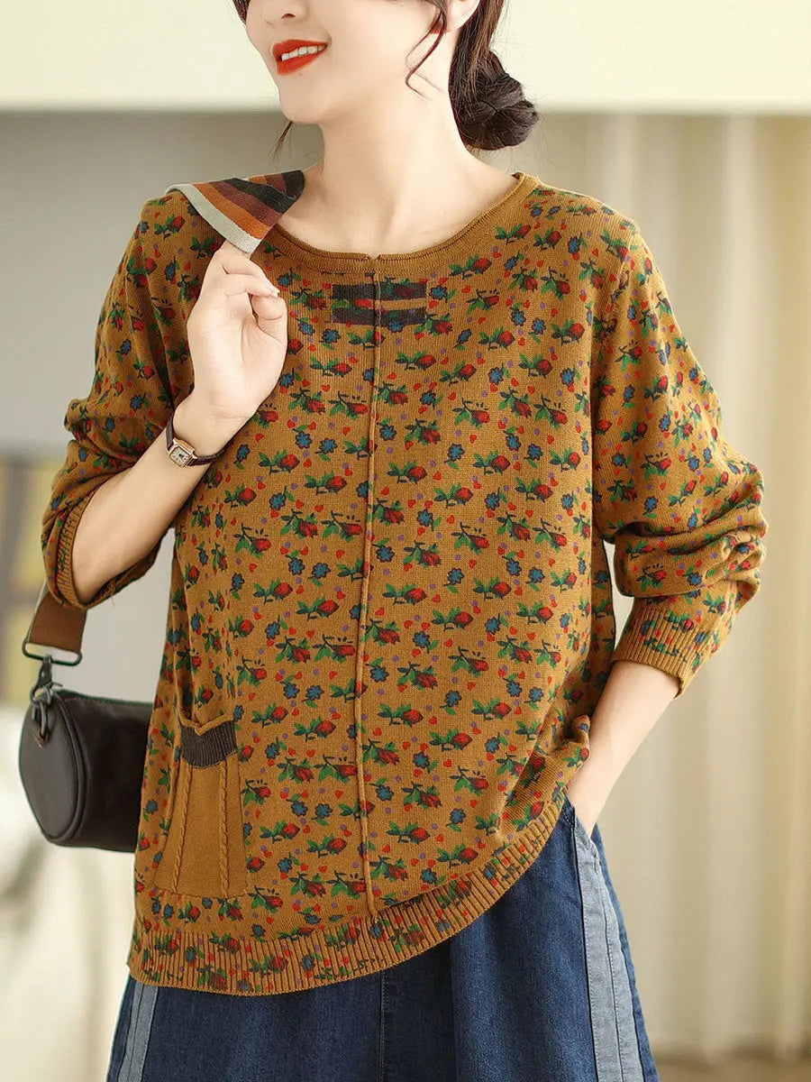 Women Vintage Floral Winter Spliced O-Neck Sweater Ada Fashion