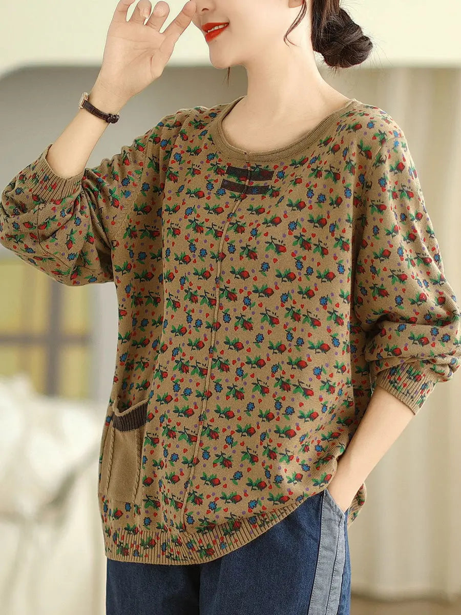 Women Vintage Floral Winter Spliced O-Neck Sweater Ada Fashion