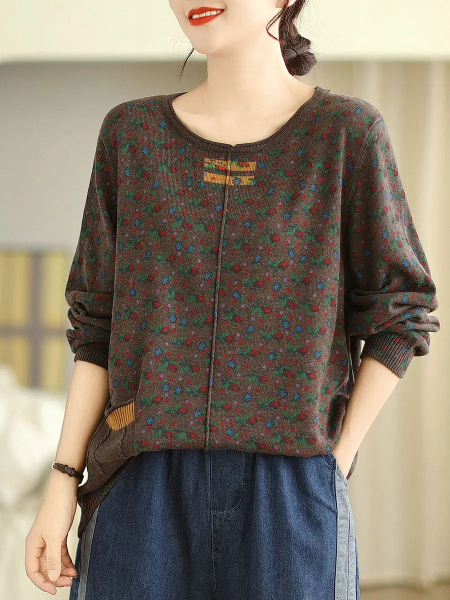 Women Vintage Floral Winter Spliced O-Neck Sweater Ada Fashion