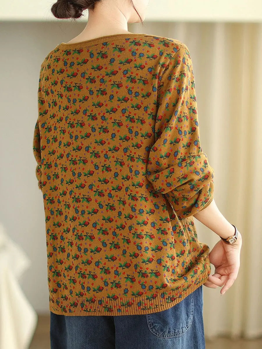Women Vintage Floral Winter Spliced O-Neck Sweater Ada Fashion