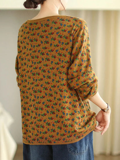 Women Vintage Floral Winter Spliced O-Neck Sweater Ada Fashion