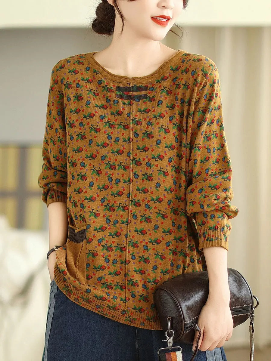 Women Vintage Floral Winter Spliced O-Neck Sweater Ada Fashion