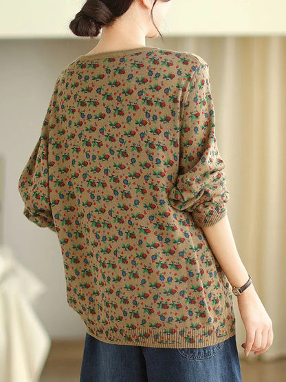 Women Vintage Floral Winter Spliced O-Neck Sweater Ada Fashion