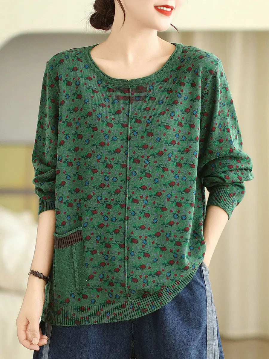 Women Vintage Floral Winter Spliced O-Neck Sweater Ada Fashion
