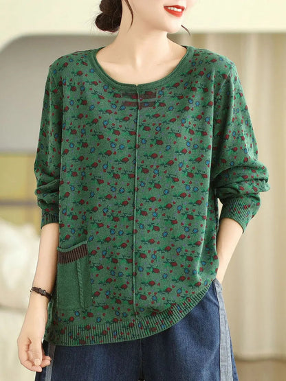 Women Vintage Floral Winter Spliced O-Neck Sweater Ada Fashion