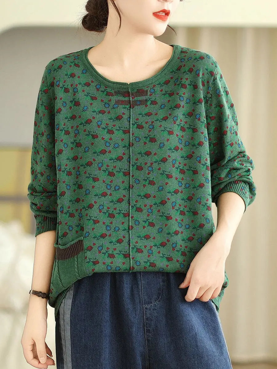 Women Vintage Floral Winter Spliced O-Neck Sweater Ada Fashion