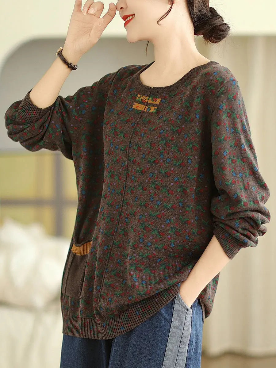 Women Vintage Floral Winter Spliced O-Neck Sweater Ada Fashion