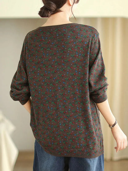 Women Vintage Floral Winter Spliced O-Neck Sweater Ada Fashion