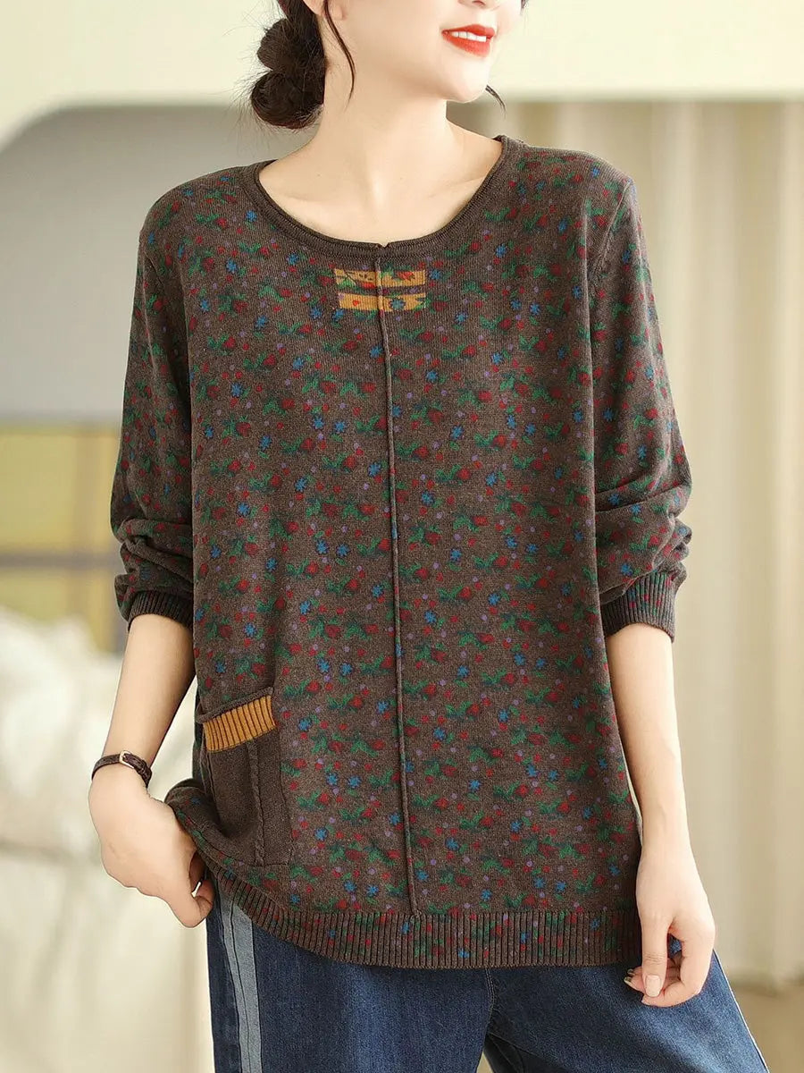 Women Vintage Floral Winter Spliced O-Neck Sweater Ada Fashion