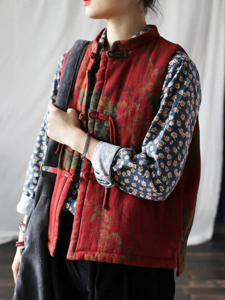 Women Vintage Flower Print Cotton Padded Coat Ada Fashion