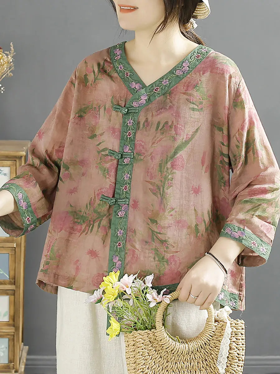Women Vintage Flower Spliced Ramie Spring Shirt Ada Fashion