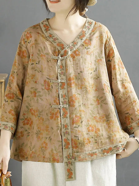 Women Vintage Flower Spliced Ramie Spring Shirt Ada Fashion