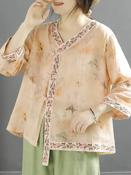 Women Vintage Flower Spliced Ramie Spring Shirt Ada Fashion