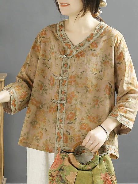 Women Vintage Flower Spliced Ramie Spring Shirt Ada Fashion