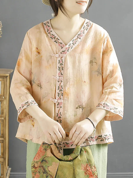 Women Vintage Flower Spliced Ramie Spring Shirt Ada Fashion