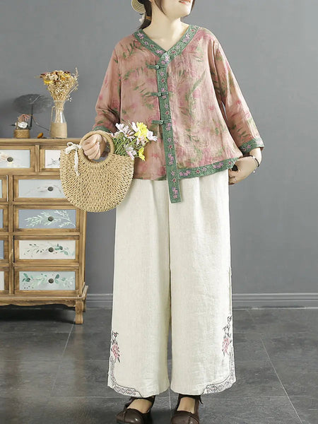 Women Vintage Flower Spliced Ramie Spring Shirt Ada Fashion