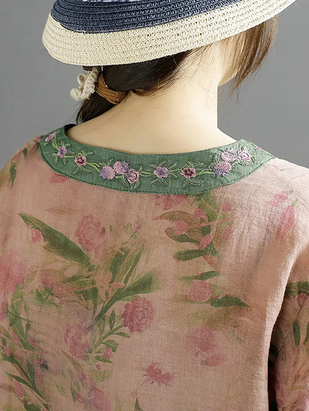 Women Vintage Flower Spliced Ramie Spring Shirt Ada Fashion
