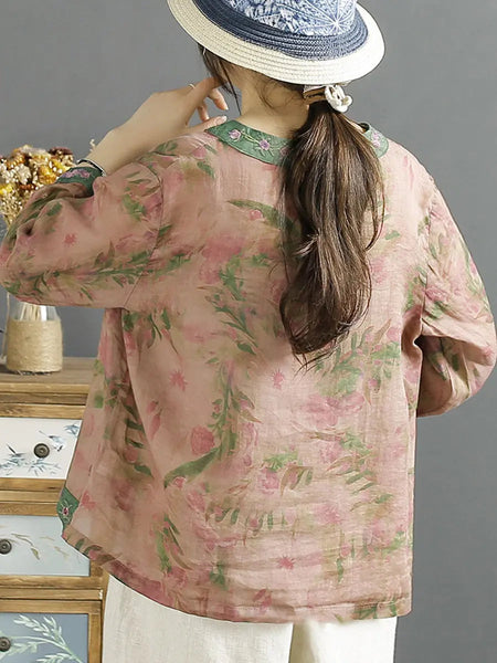 Women Vintage Flower Spliced Ramie Spring Shirt Ada Fashion