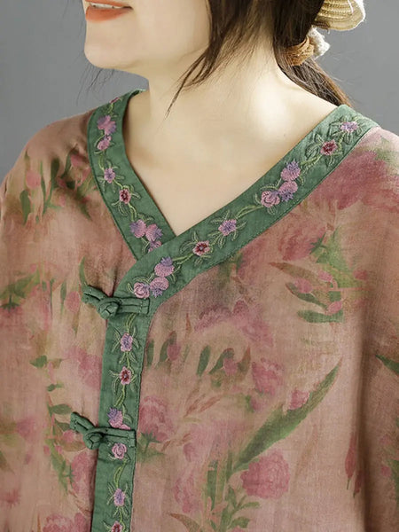 Women Vintage Flower Spliced Ramie Spring Shirt Ada Fashion